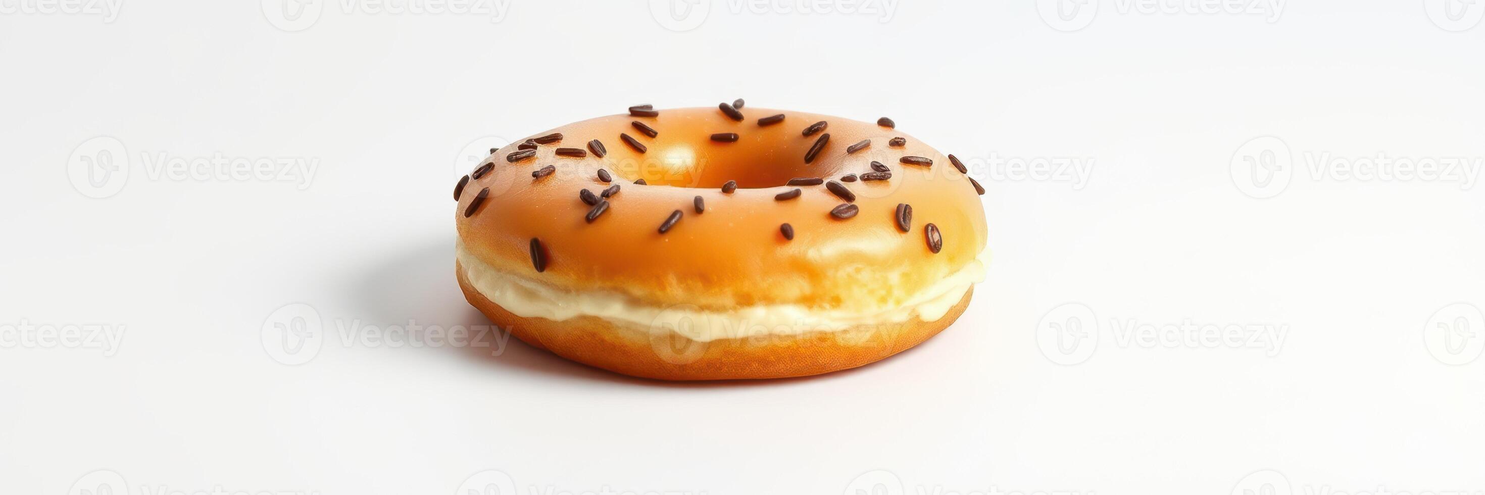Freshly glazed donut with chocolate sprinkles served on a plain background in a bright setting photo