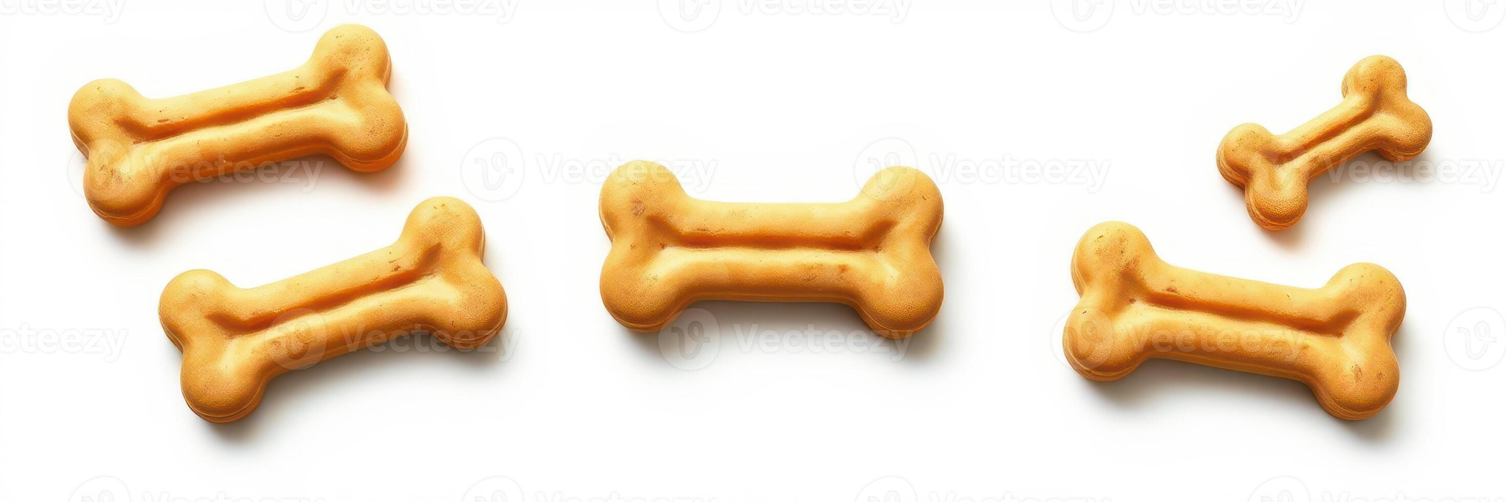 Dog treats shaped like bones arranged in a playful display on a white background photo