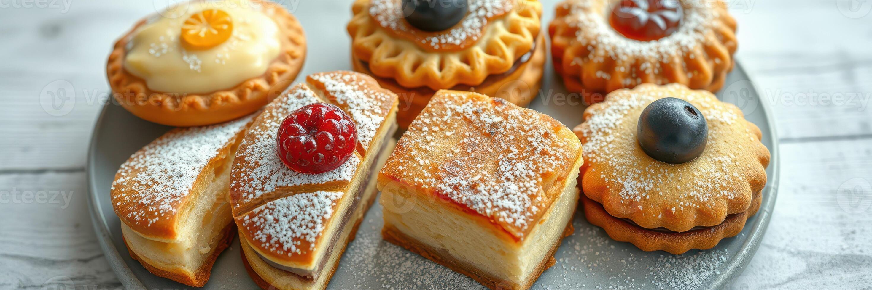 Delicious assortment of baked goods arranged on a plate ready for dessert lovers at a cafe photo