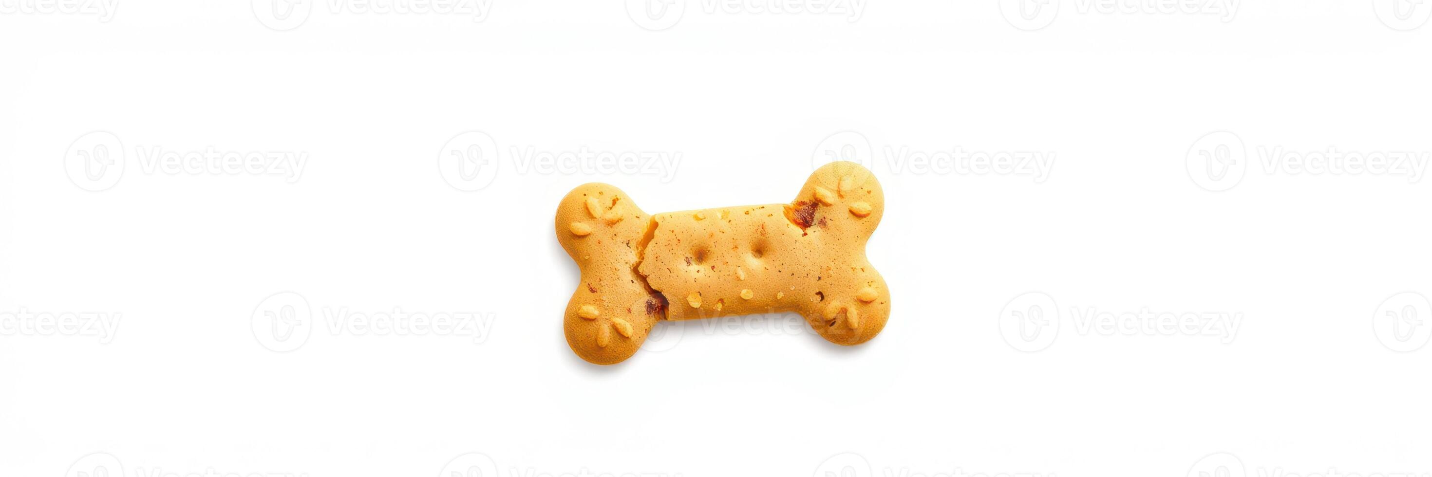 Dog biscuit shaped like a bone on a white background in a simple presentation photo