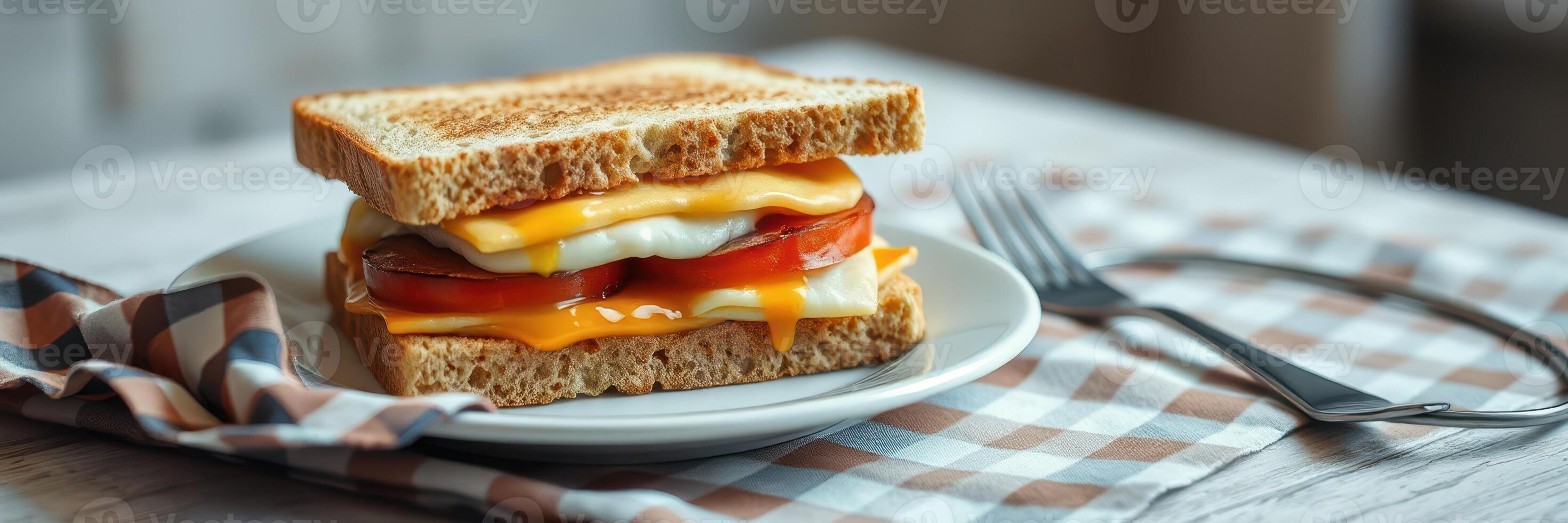 Breakfast sandwich with eggs, cheese, and tomatoes on whole grain bread served on a plate with a fork and napkin photo