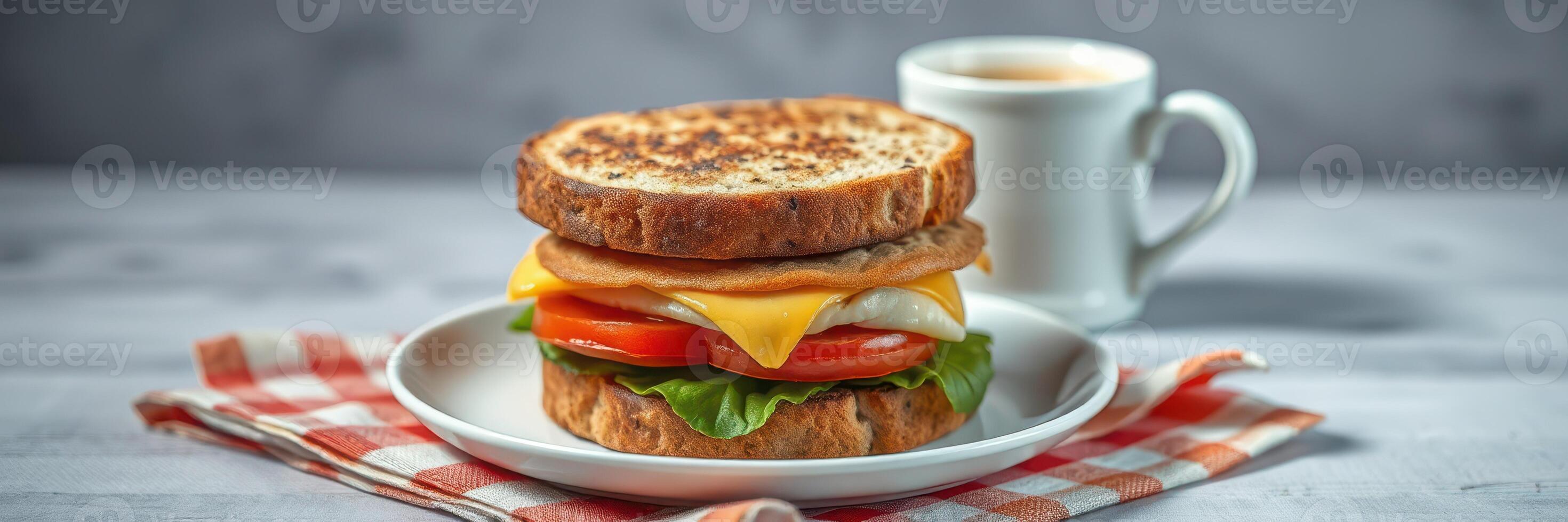 Delicious breakfast sandwich with fresh ingredients and coffee served on a rustic table photo