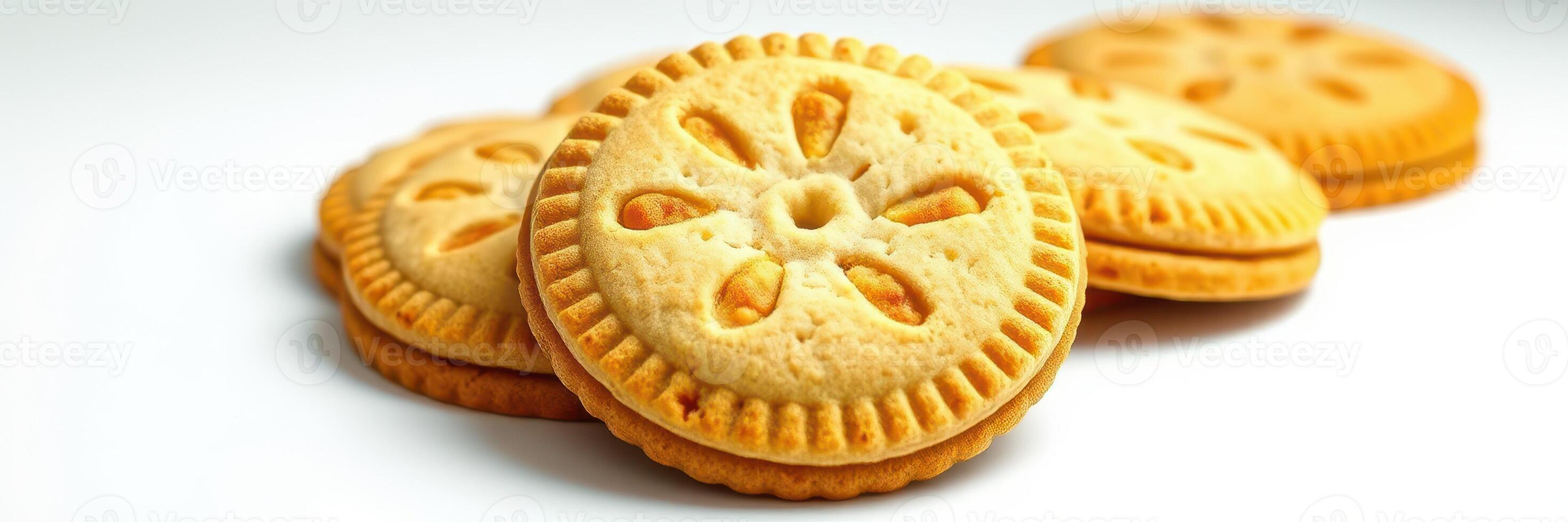 Delicious round cookies with floral patterns stacked on a white surface photo