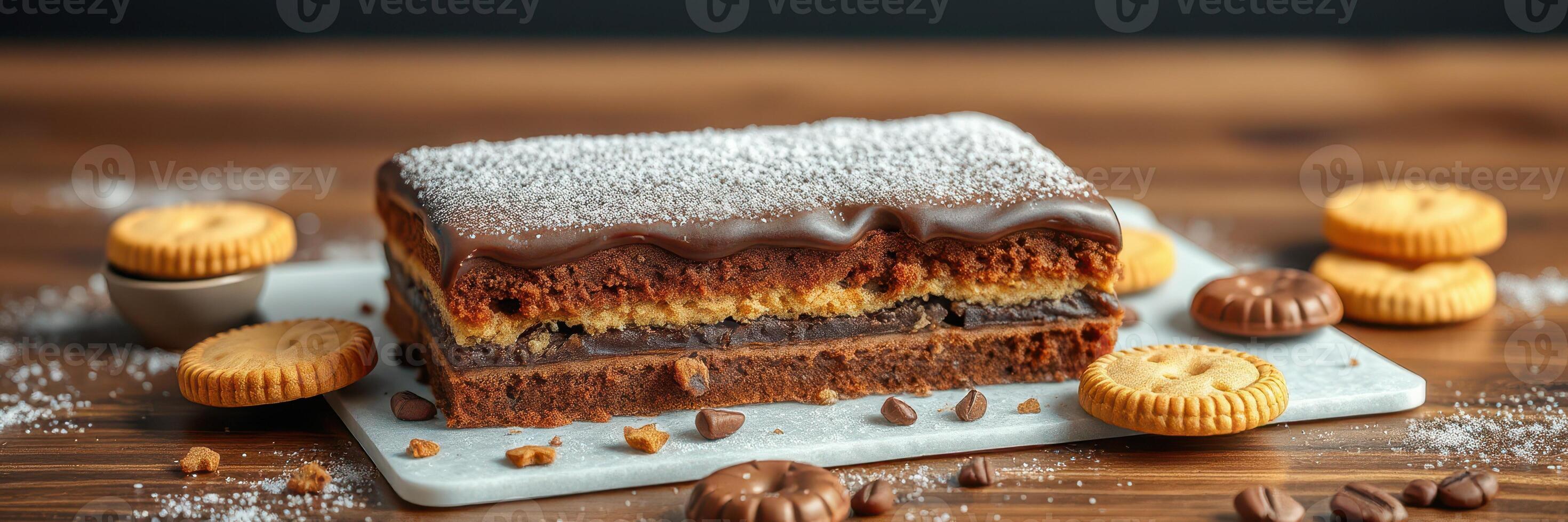 Delicious layered cake with chocolate frosting and assorted cookies on a wooden table photo