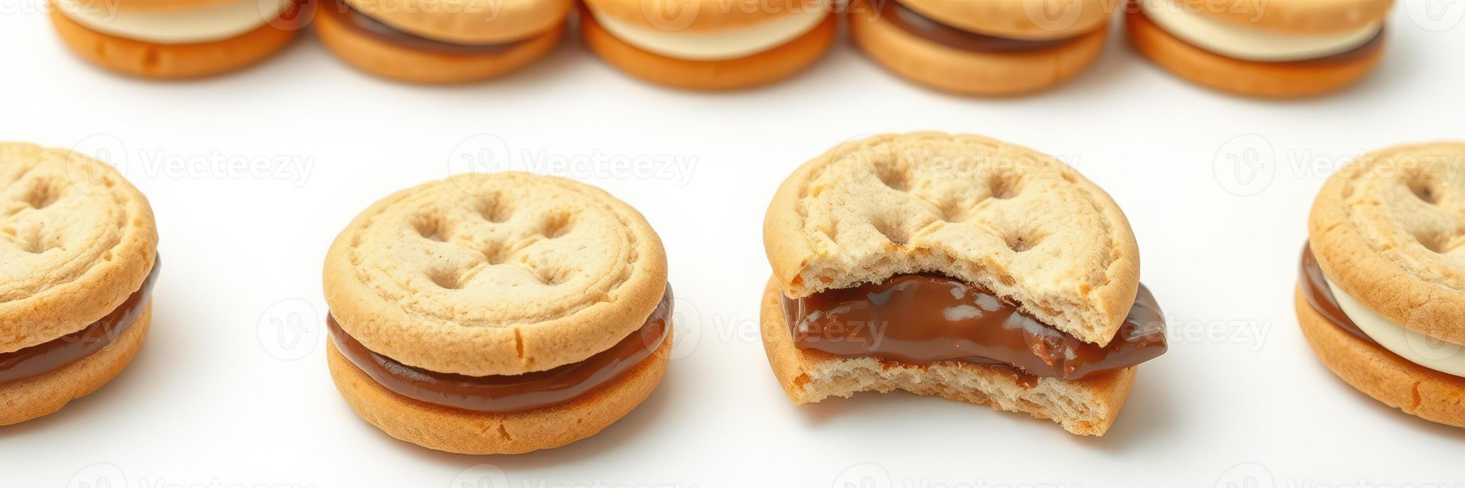 Cookies filled with chocolate and cream arranged in a neat row on a plain background photo
