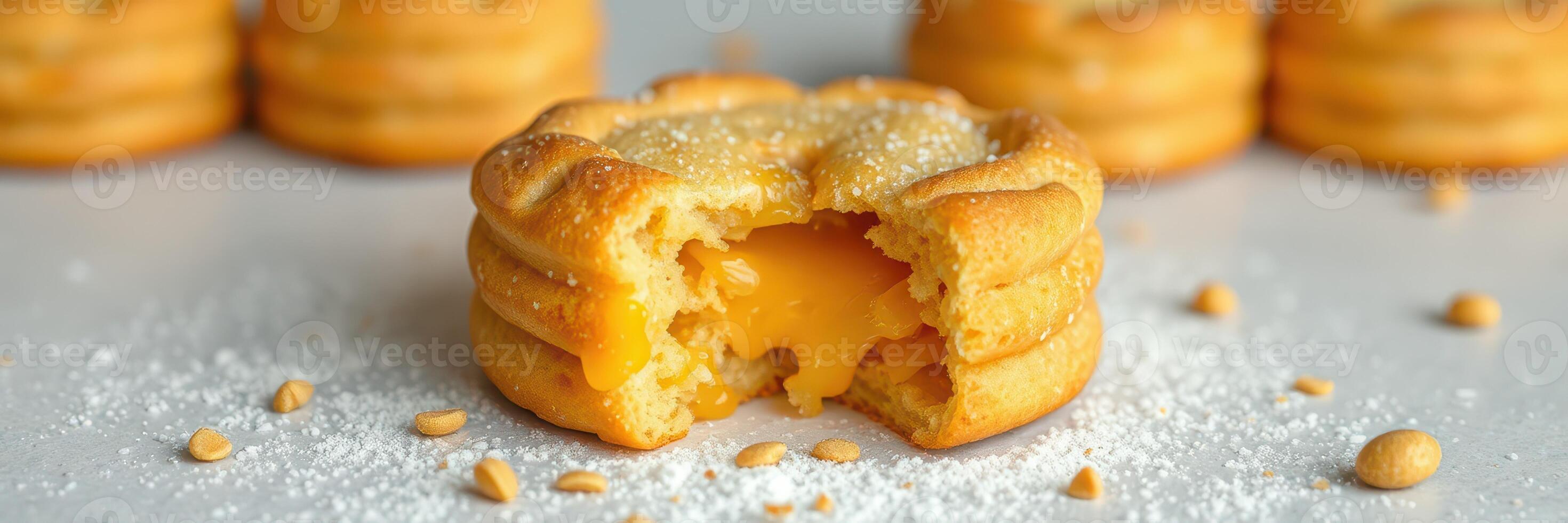 Freshly baked pastry filled with sweet lemon curd and topped with sugar on a white surface photo