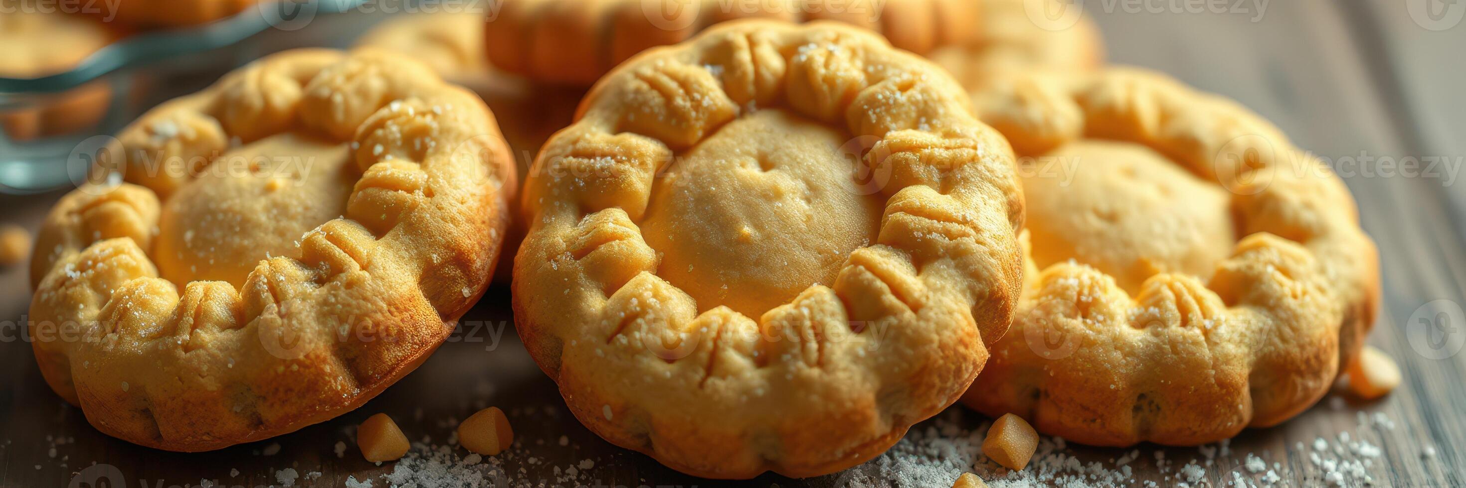 Delicious homemade pastries with a golden crust and nutty topping displayed on a wooden surface photo
