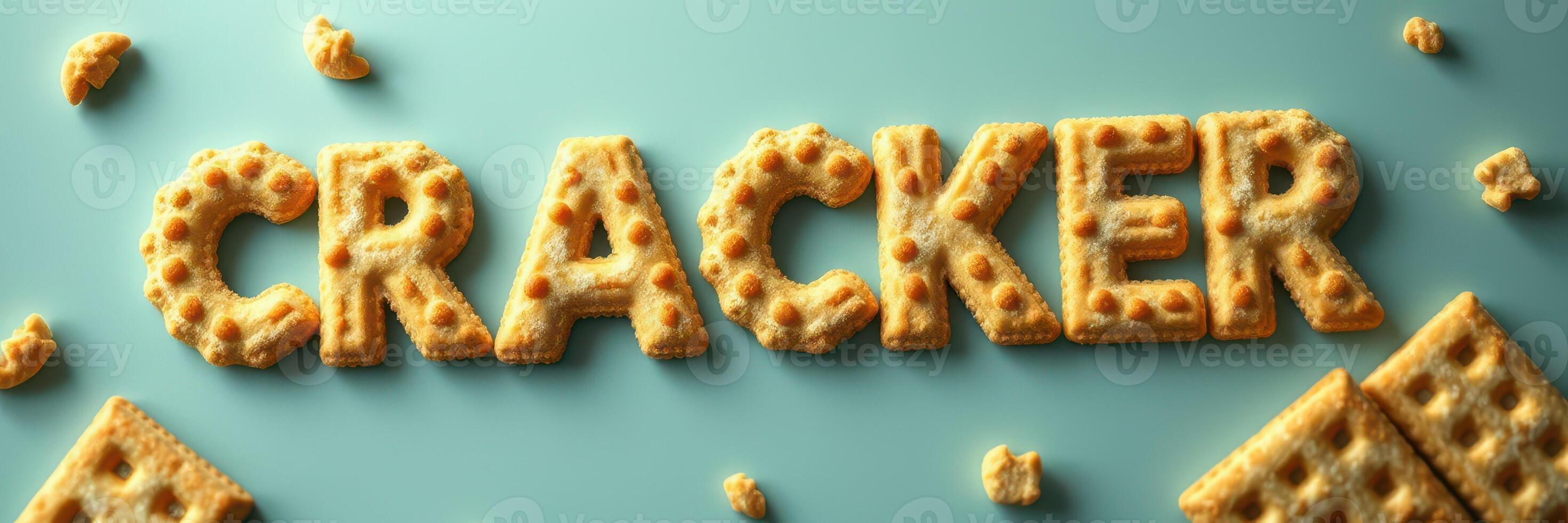 Creative arrangement of crackers spelling out the word cracker on a light blue surface, capturing a playful food art moment photo