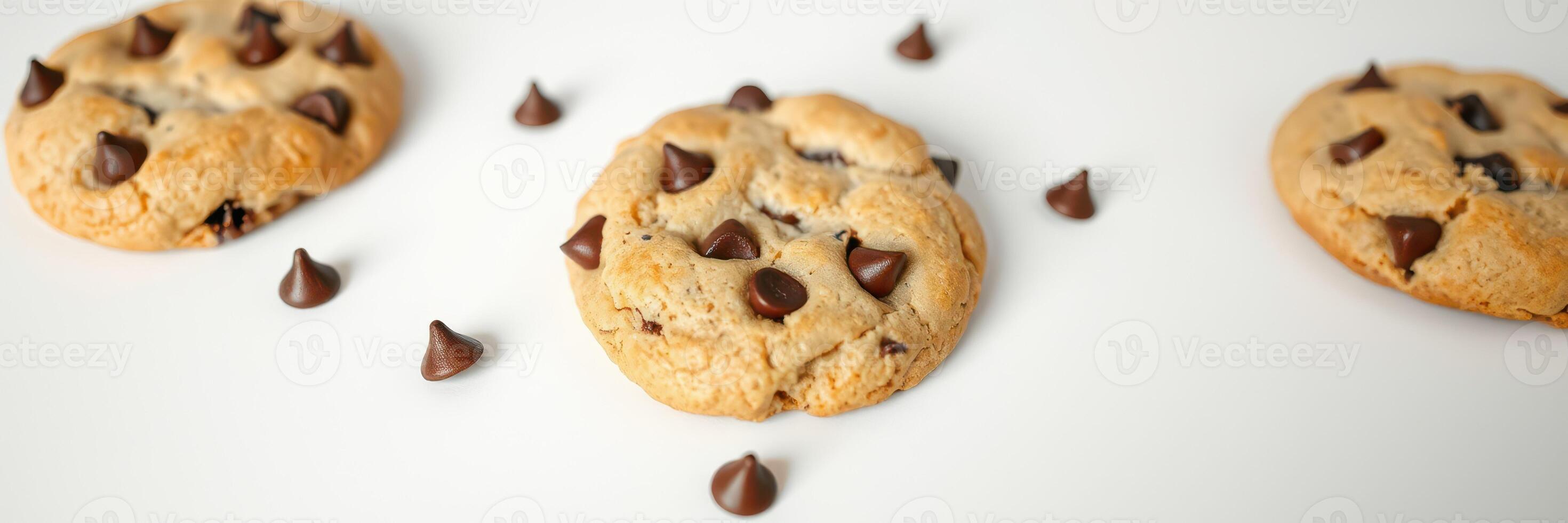 Freshly baked chocolate chip cookies arranged on a white surface with chocolate chips scattered around photo
