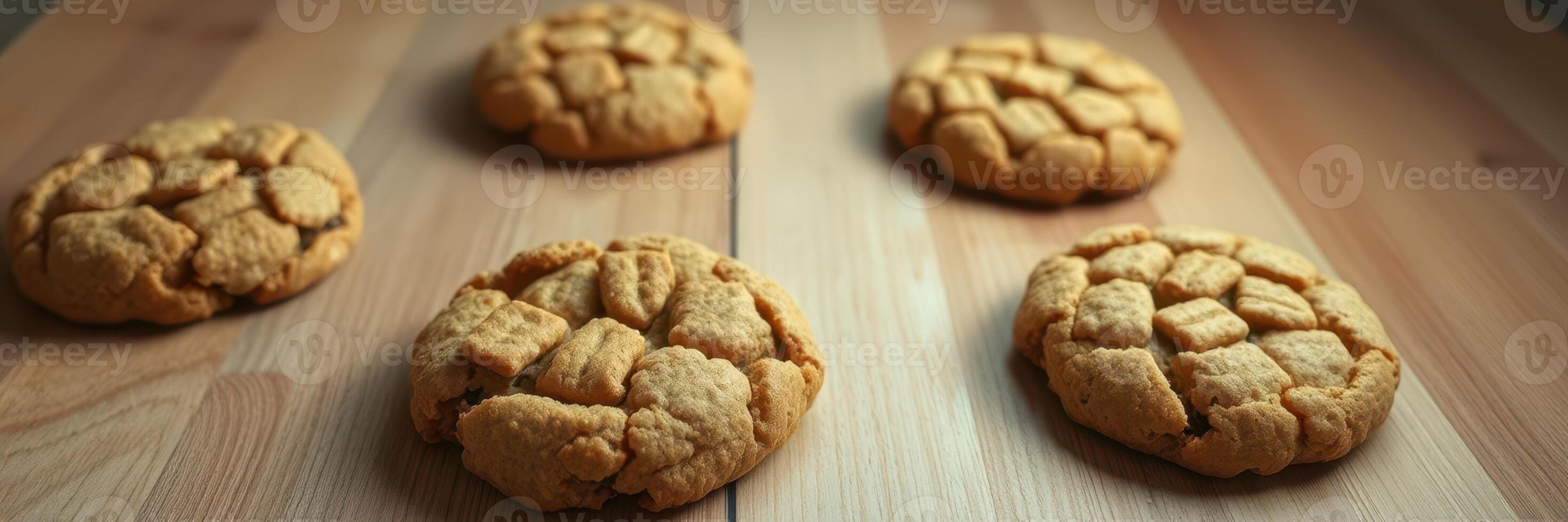 Cookies with a crunchy topping arranged on a wooden surface highlighting their texture and delicious appearance photo