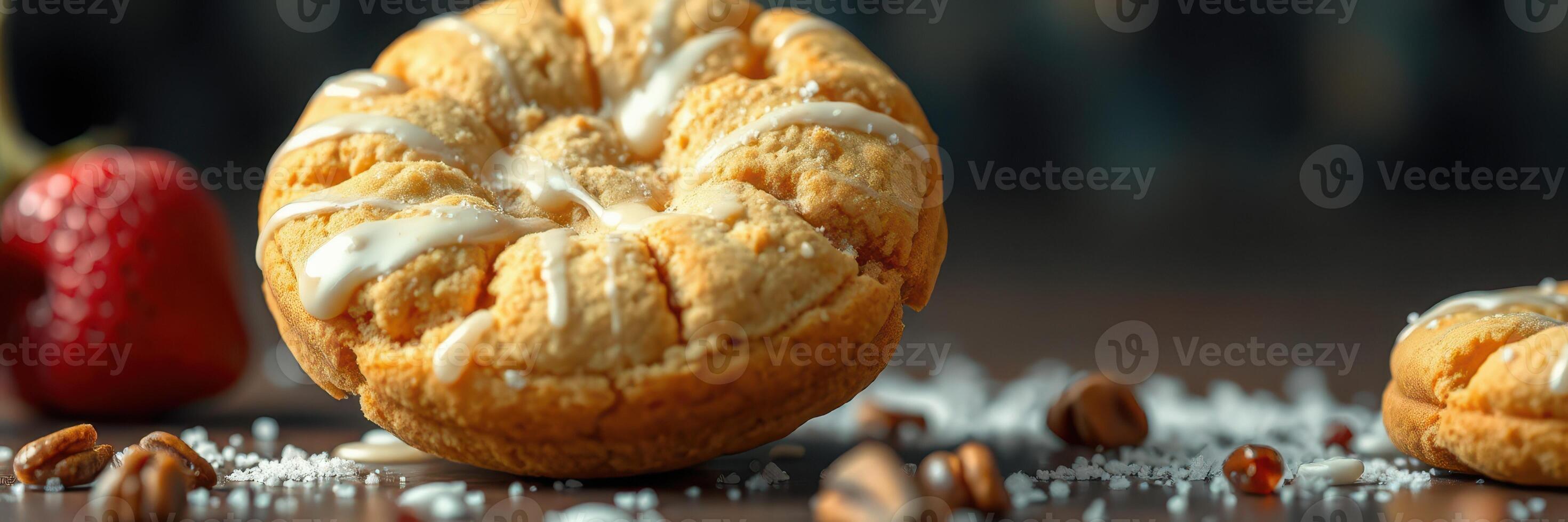 Deliciously baked cookies fresh out of the oven with a drizzle of icing and scattered toppings photo