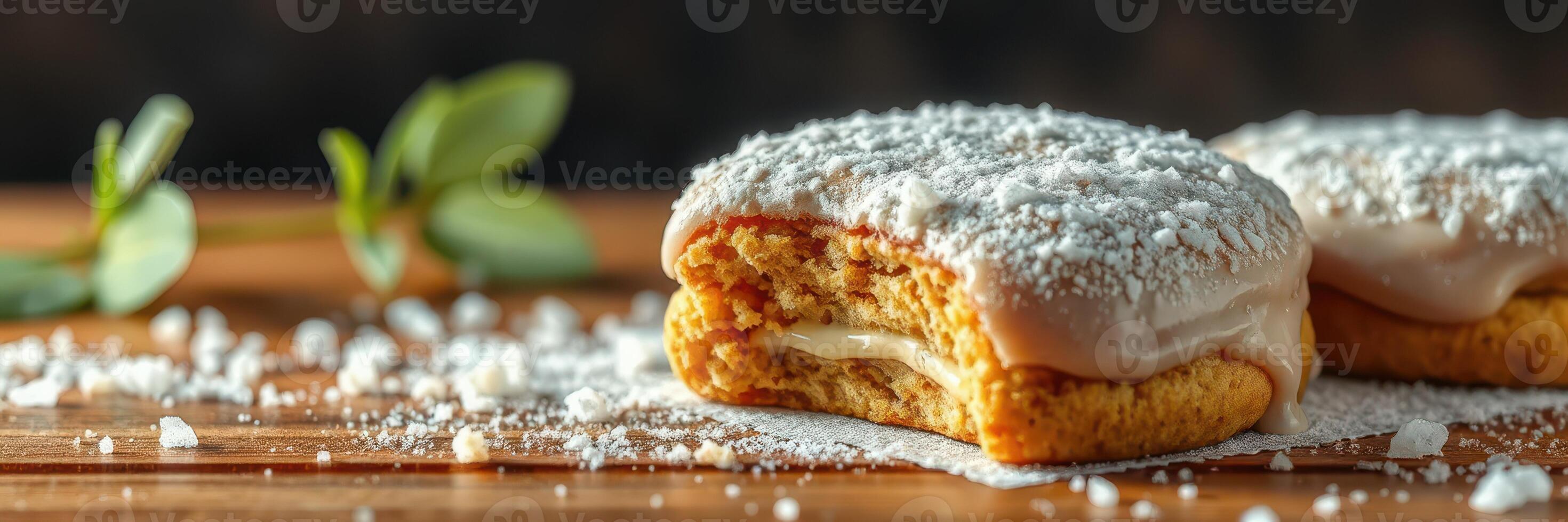 Delicious freshly baked cookies filled with cream and topped with icing on a wooden surface in warm lighting photo