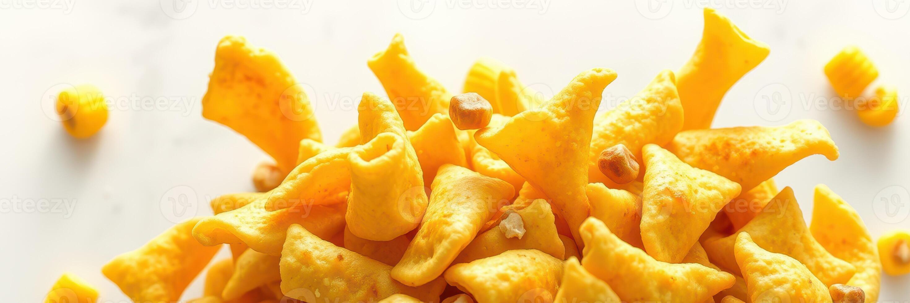 Crunchy snack pieces arranged artistically on a white surface for a delightful treat presentation photo