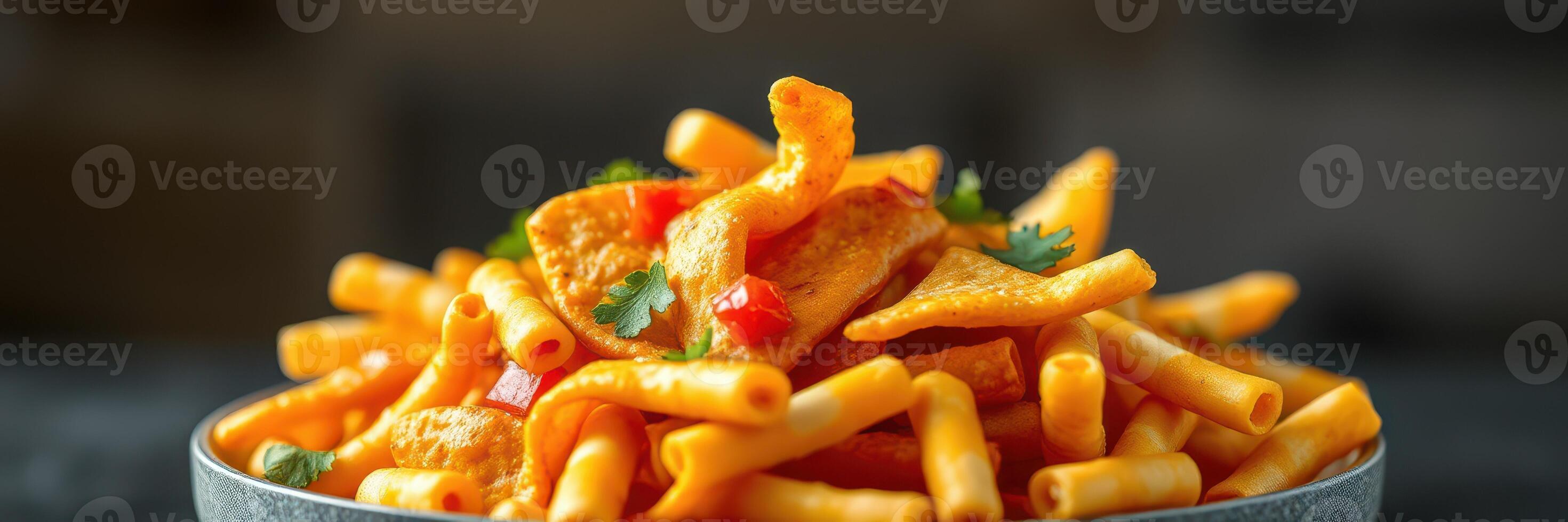 Colorful plate of pasta topped with crispy snacks and fresh herbs in warm lighting photo