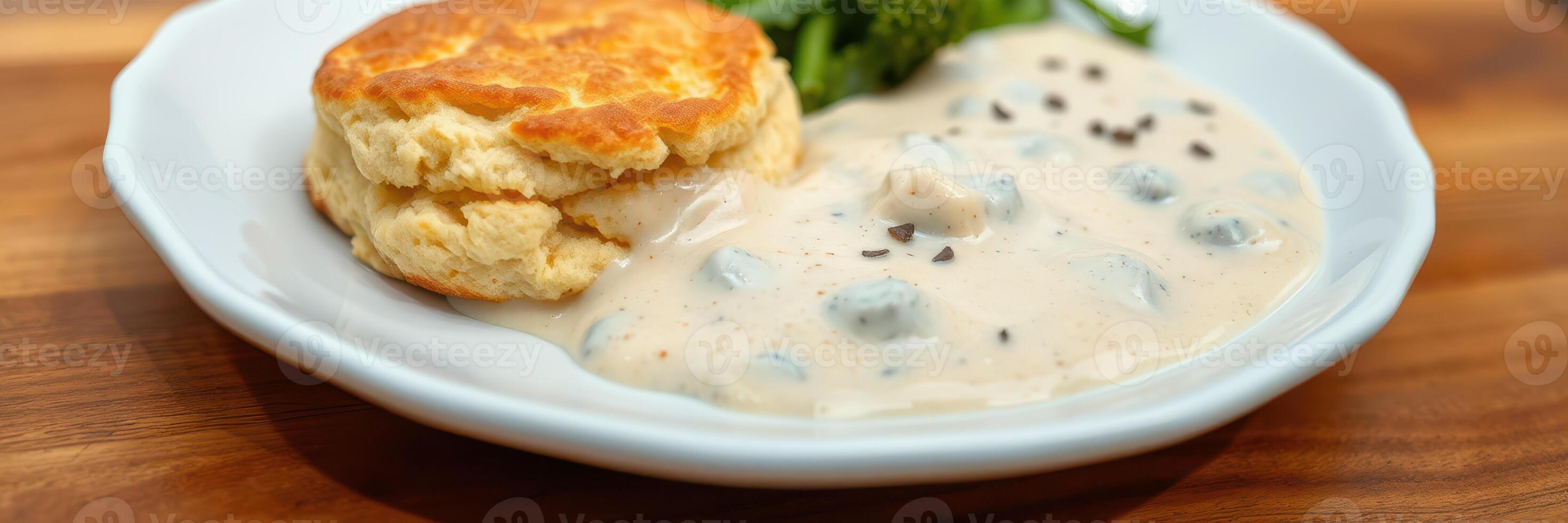 Delicious biscuit served with creamy gravy and fresh greens on a white plate photo