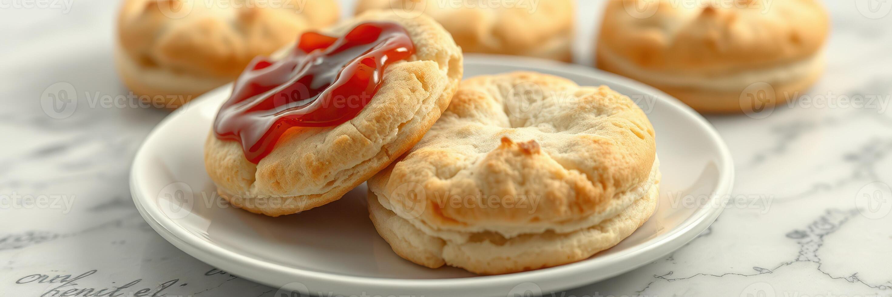 Delicious biscuits topped with savory sauce served on a white plate against a patterned background photo