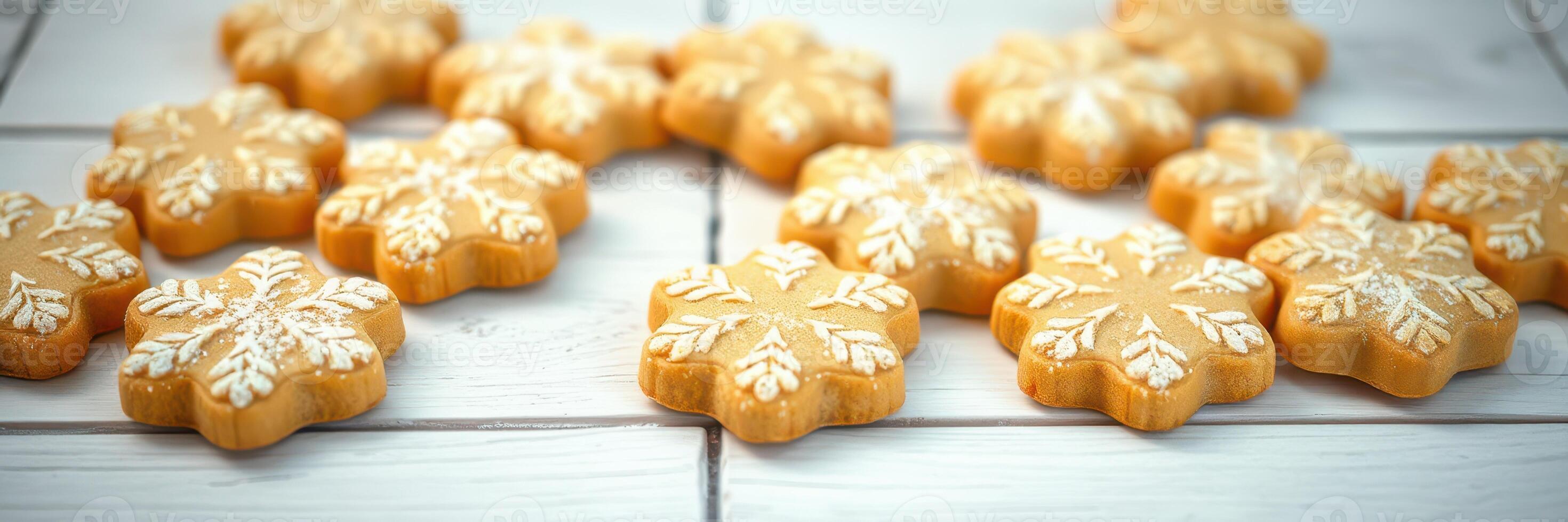Holiday-inspired gingerbread cookies shaped like snowflakes arranged on a wooden table during winter festivities photo