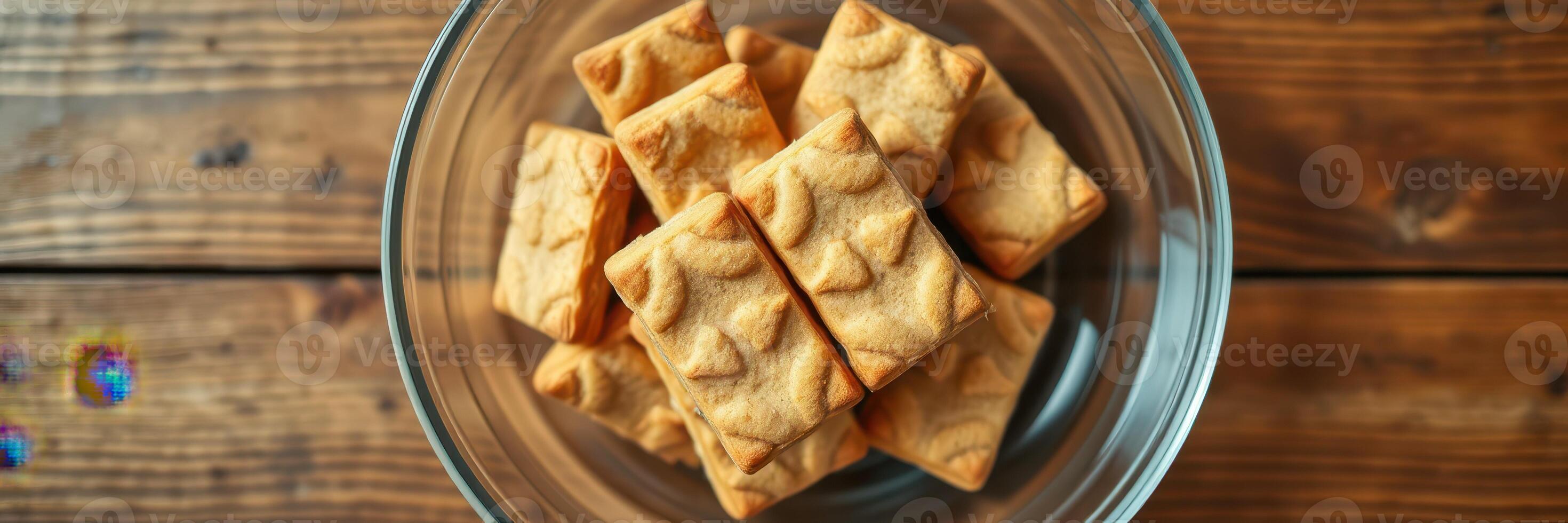 delicioso apilado galletas en un rústico de madera mesa Listo a ser disfruté durante un tarde bocadillo foto