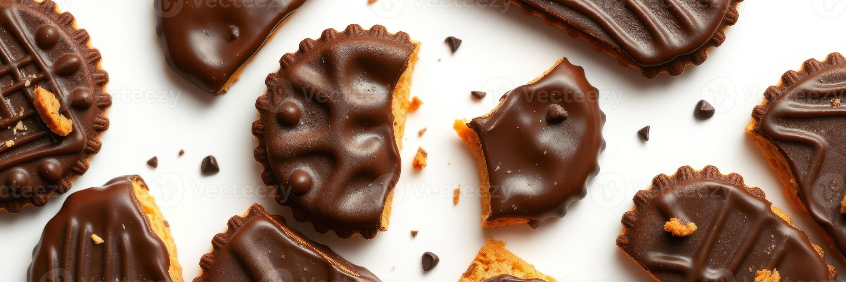 Delicious chocolate-covered cookies arranged on a white surface with bites taken out of some, showcasing a tempting dessert spread photo