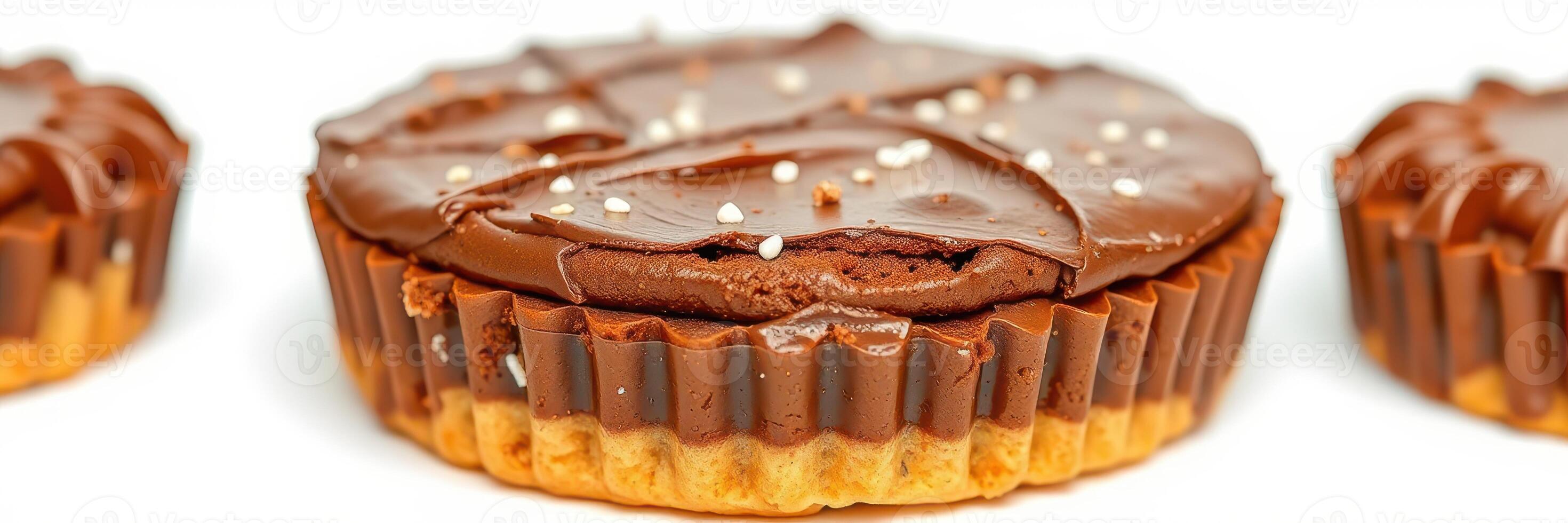 Delicious chocolate dessert with creamy filling and a crumbly base on a plain background photo