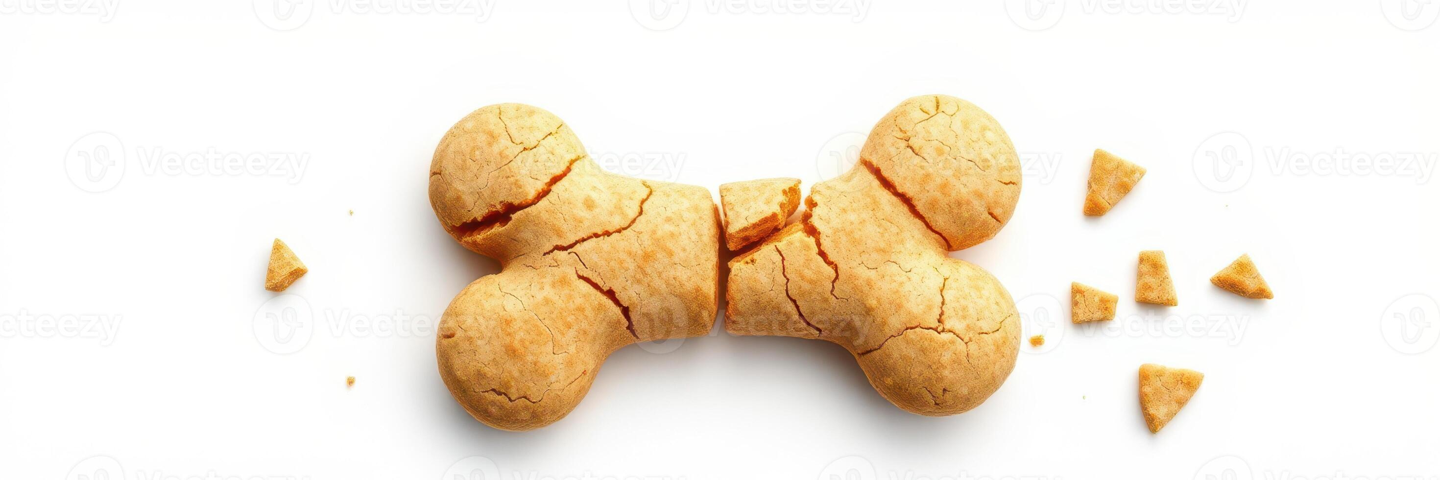 Dog treat shaped like a bone with broken pieces scattered on a white surface photo