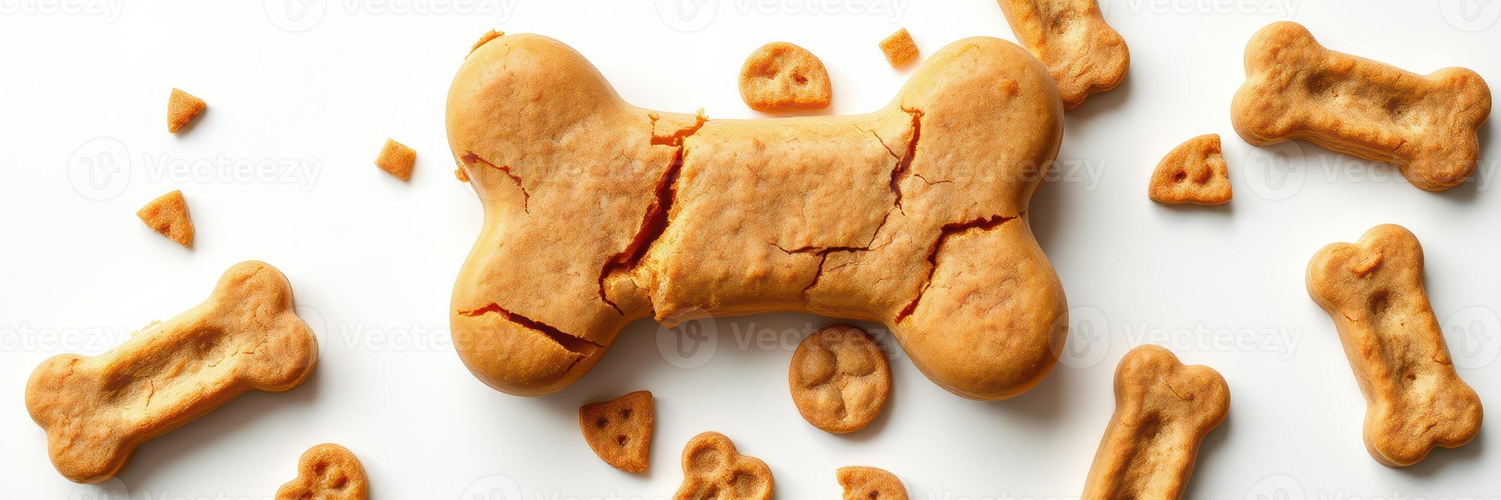 Homemade dog biscuits shaped like bones with smaller treats scattered around on a white surface photo