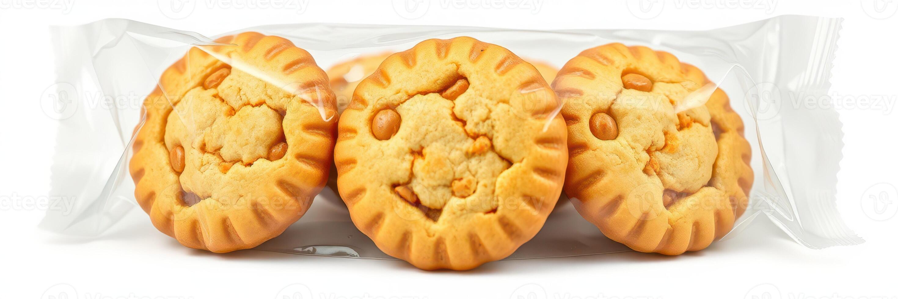 Tasty cookies individually wrapped for freshness and convenience displayed on a clean background photo