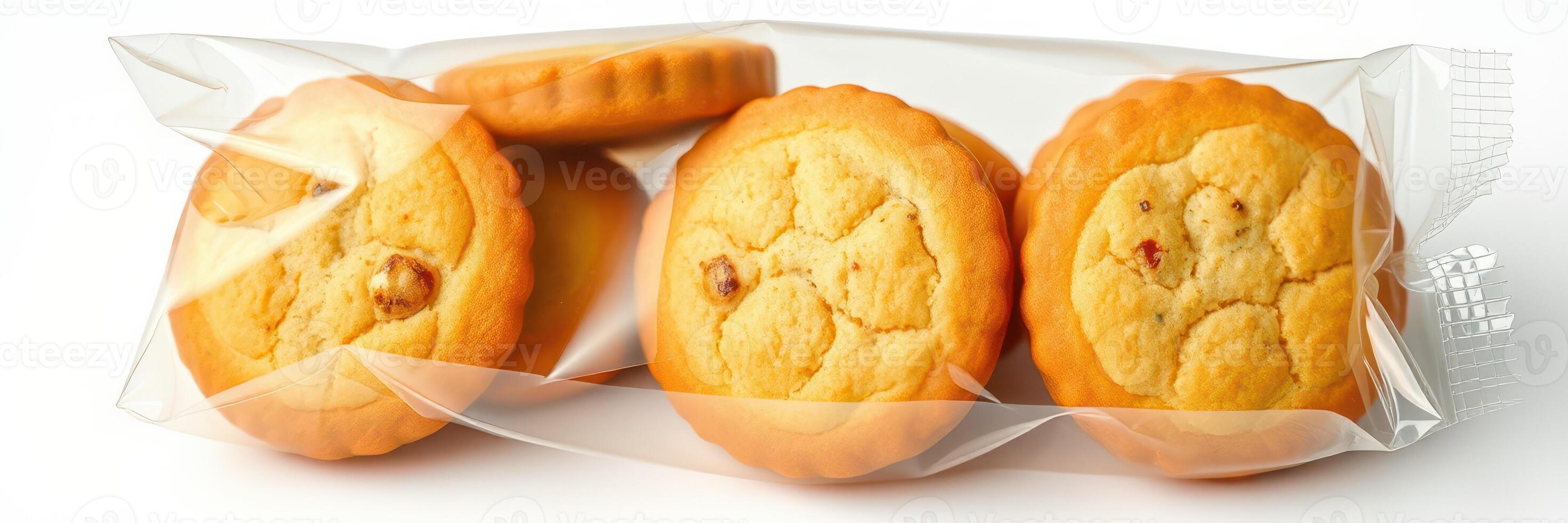 Freshly baked cookies in a clear plastic bag showcasing their golden color and inviting texture photo