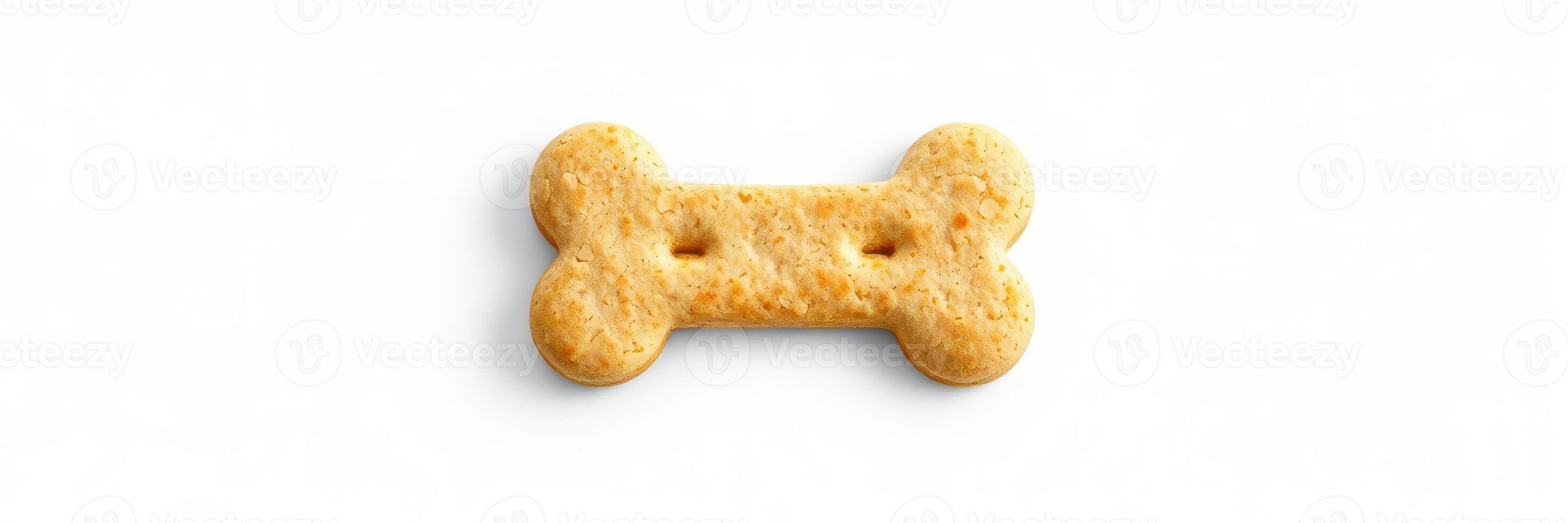 Dog treat shaped like a bone positioned on a plain white background, showcasing its crunchy texture and appealing design photo