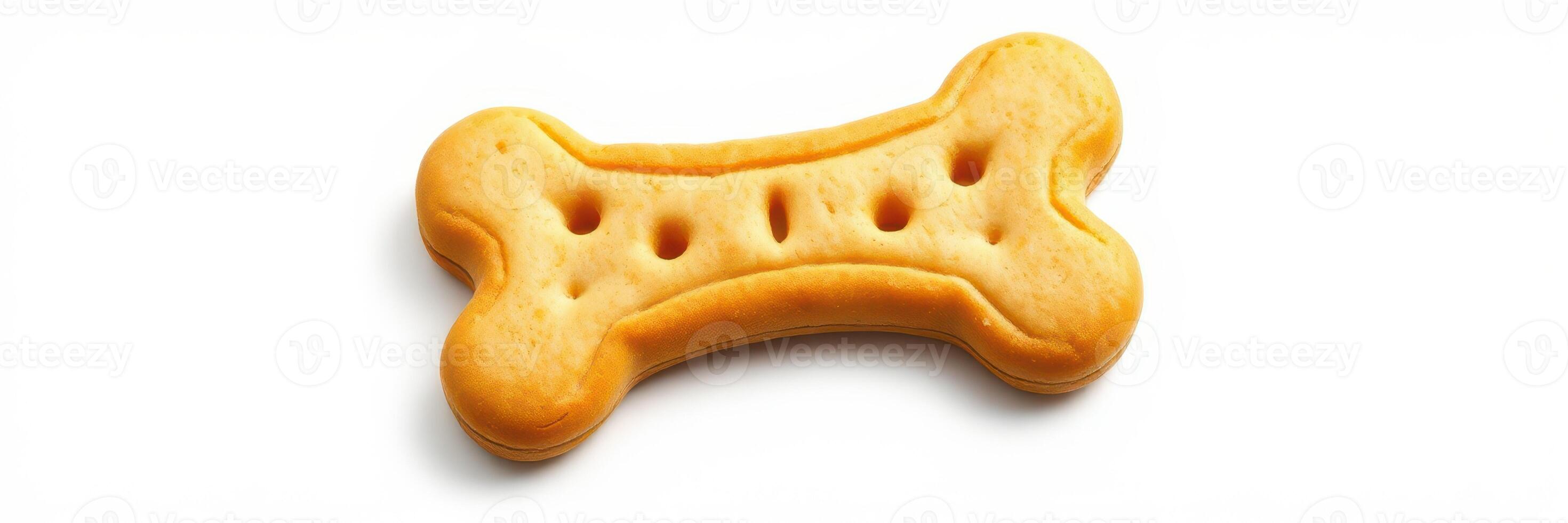 Dog treat shaped like a bone on a white background ready for pets to enjoy during training or playtime photo