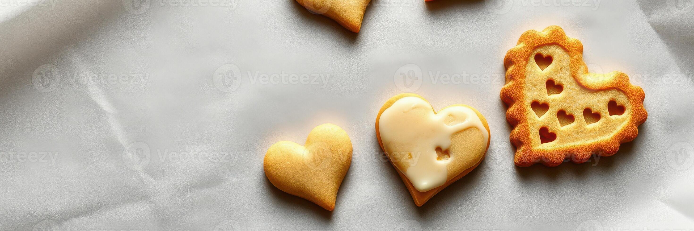 Unique heart-shaped cookies arranged on parchment paper with intricate designs on display photo