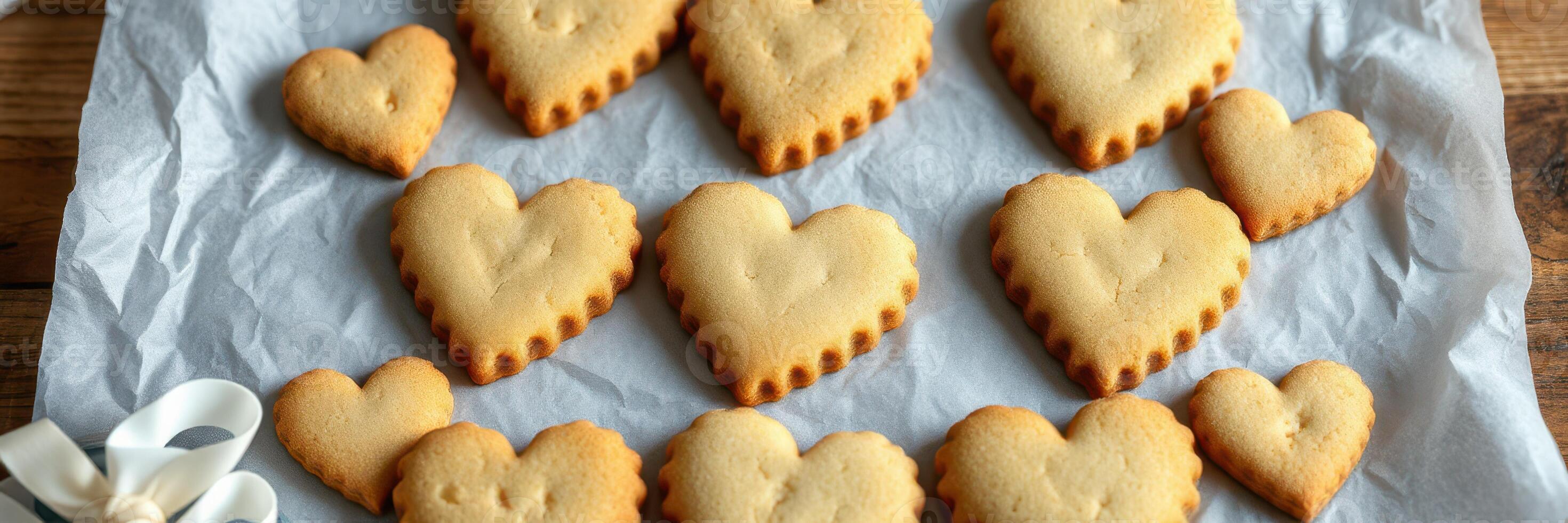 Heart-shaped cookies arranged on parchment paper in a cozy kitchen setting for a special occasion photo