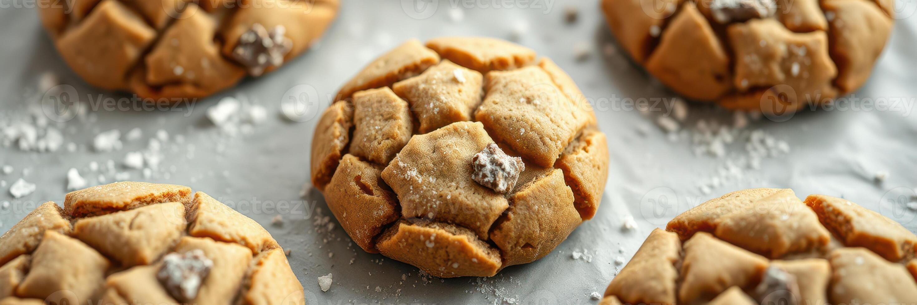 Deliciously cracked cookies sprinkled with sea salt on a parchment lined baking tray in a warm kitchen setting photo
