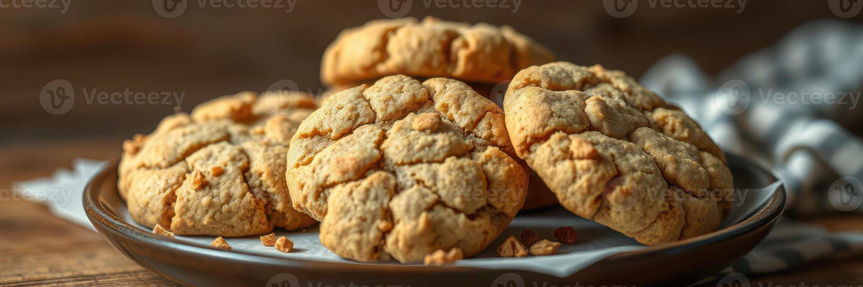Freshly baked cookies on a wooden table with a checkered cloth in the background during afternoon light photo