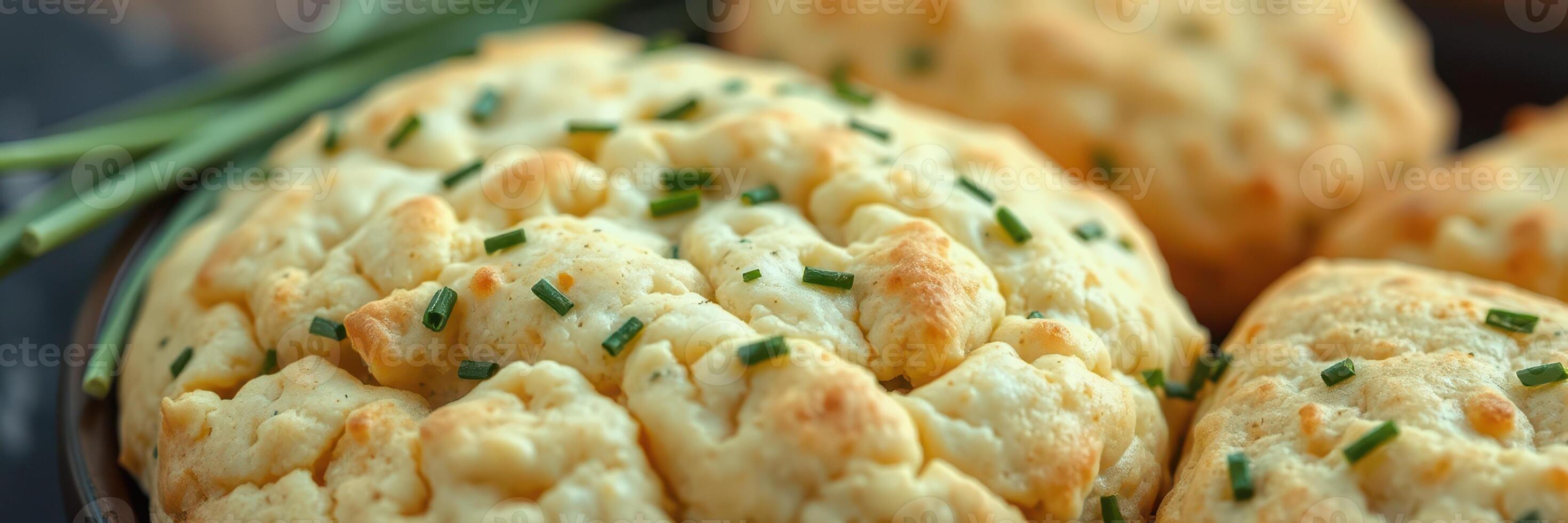 Savory herb biscuits baked to golden perfection with fresh chives and a soft, fluffy texture on display photo