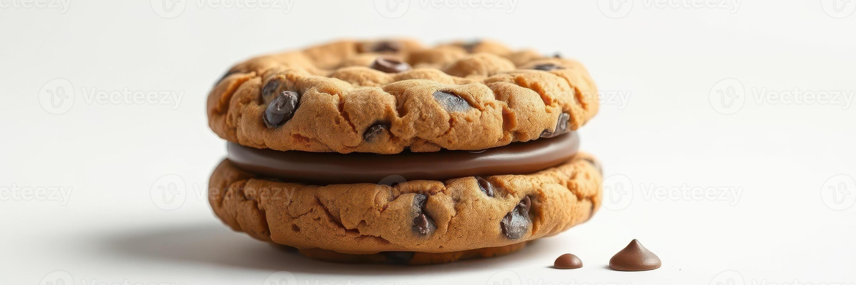 Freshly baked chocolate chip cookie sandwich with creamy filling on a plain background photo