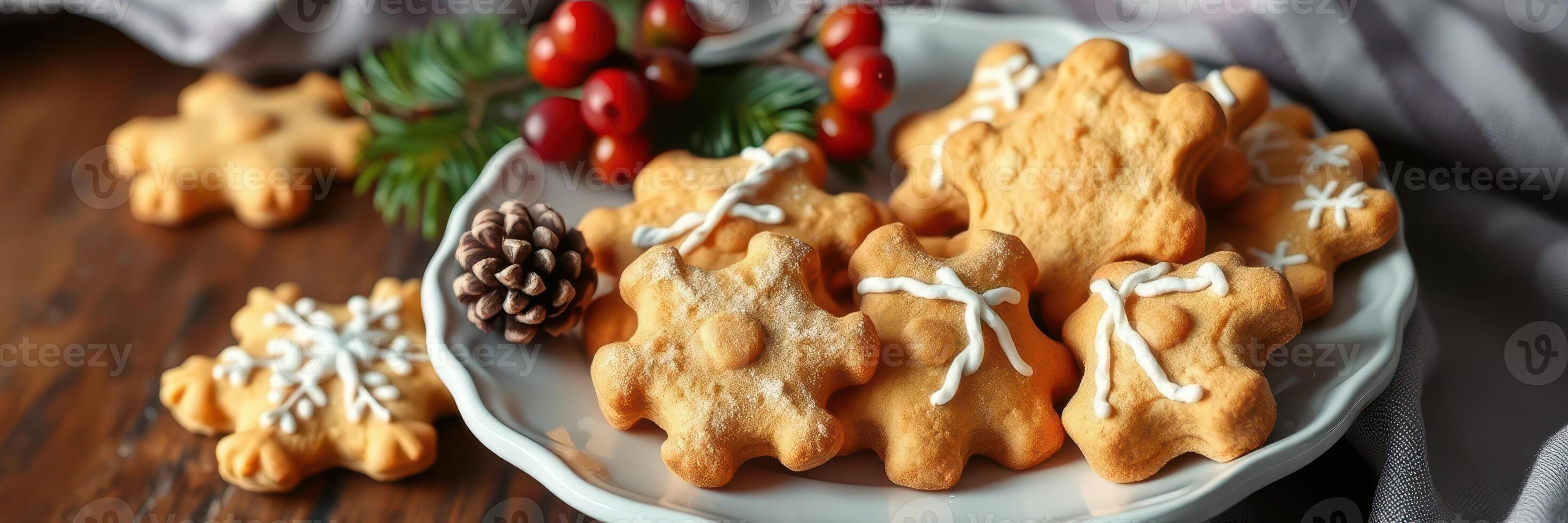Delicious holiday cookies arranged on a decorative plate with seasonal decorations and a rustic wooden background photo