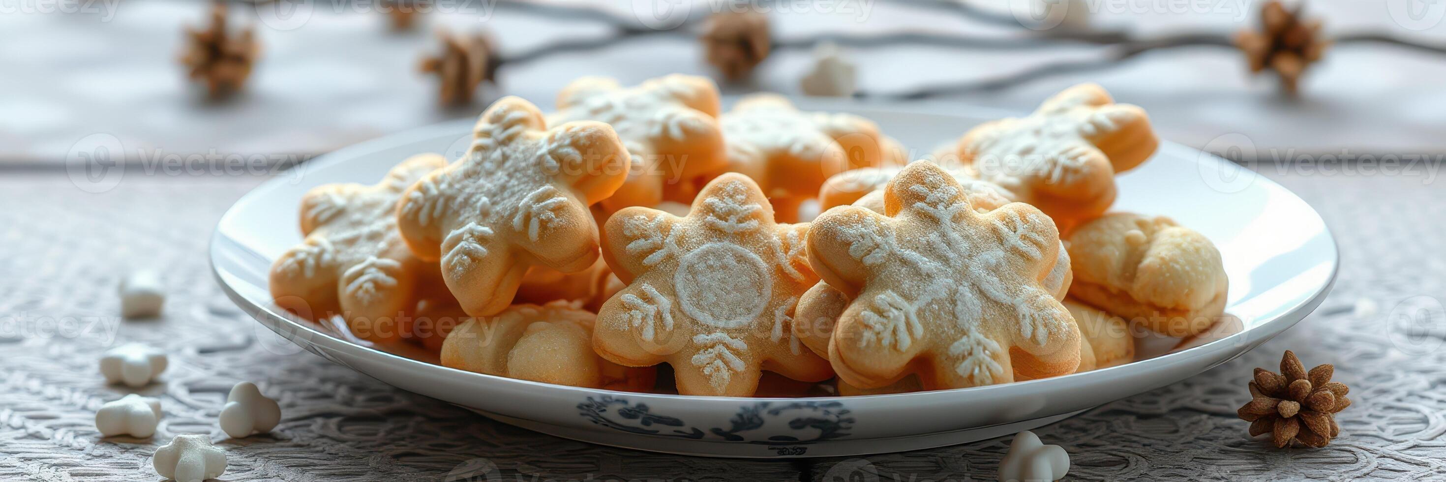 Decorative snowflake cookies arranged on a white plate with festive elements in a cozy winter setting photo