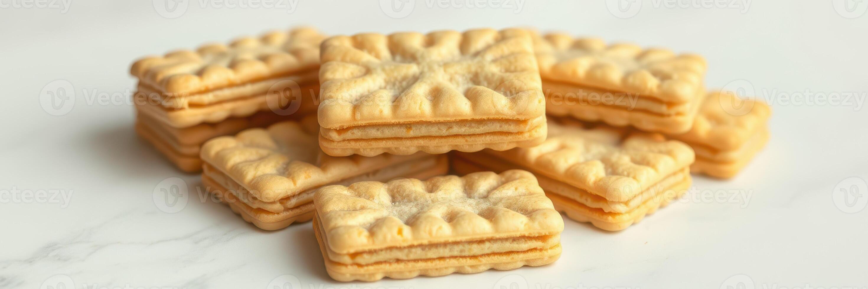 Delicious stack of cream-filled wafers on a marble background perfect for snacking anytime photo