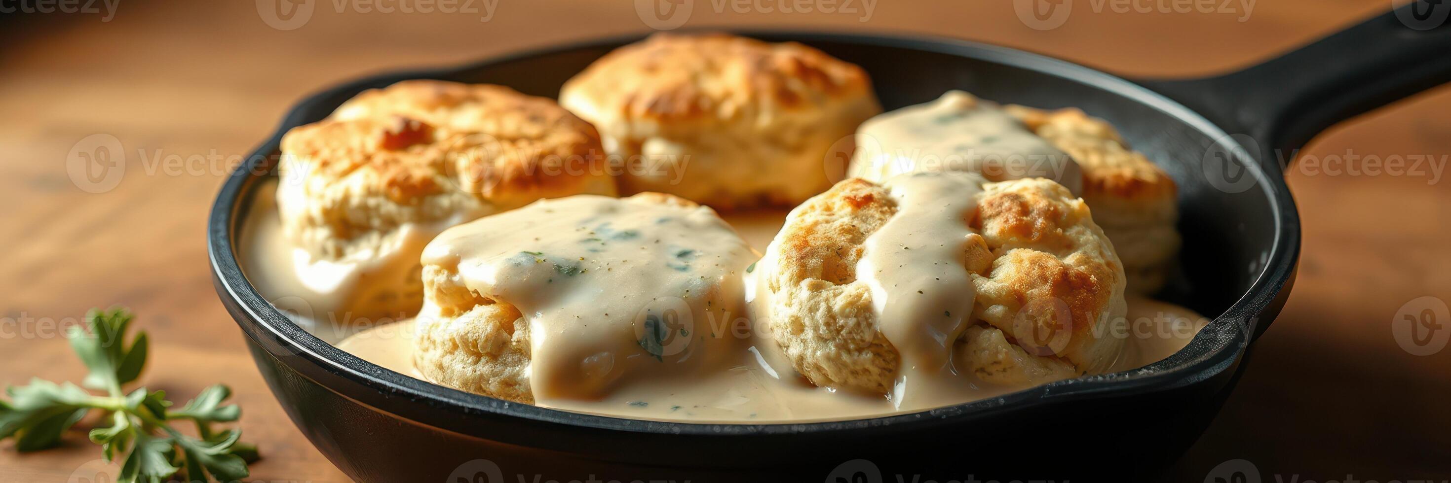 Homemade biscuits covered in creamy gravy served in a cast iron skillet on a rustic wooden table photo