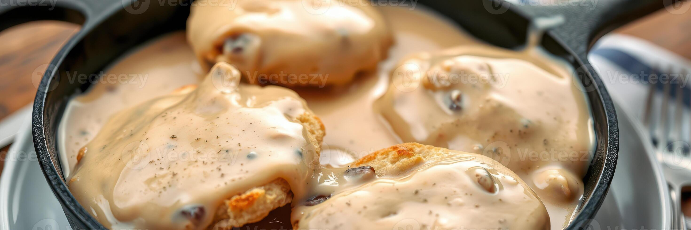 Savory biscuits and creamy gravy served in a skillet at a cozy diner during breakfast hours photo