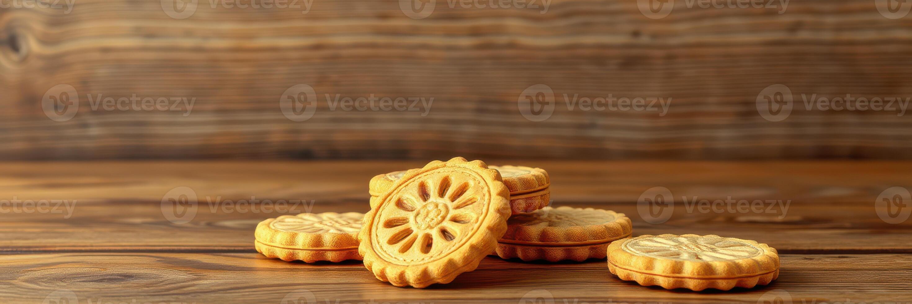 Delicious biscuits arranged on a rustic wooden surface during a cozy afternoon photo