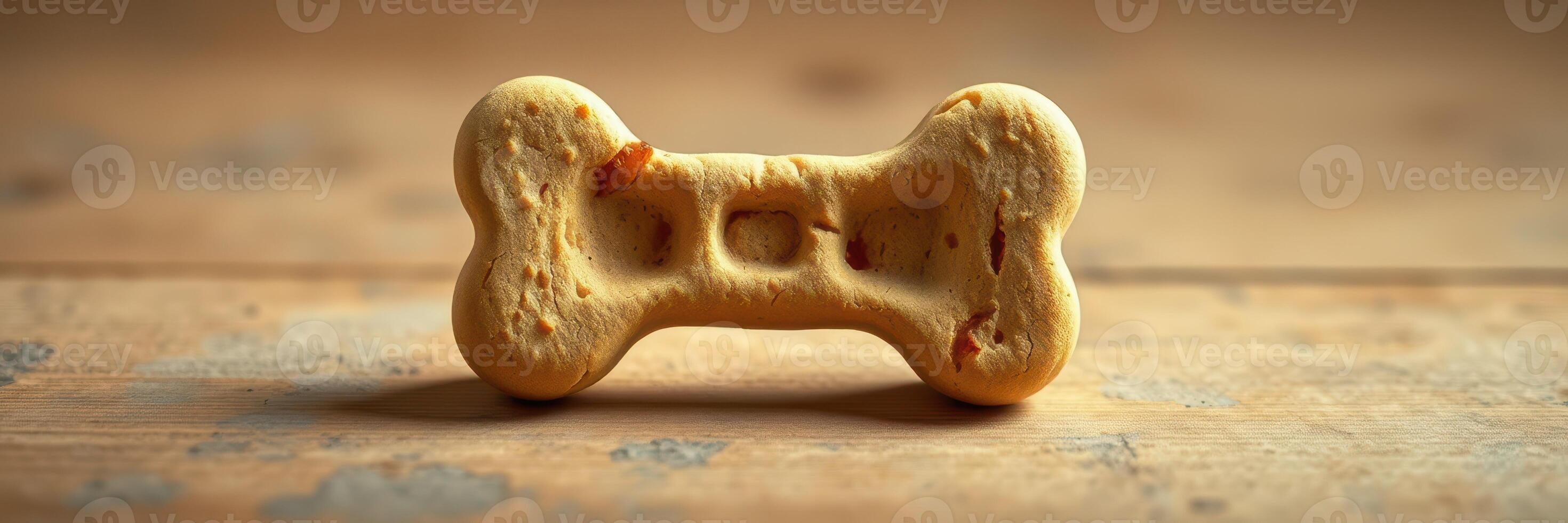 Dog treat shaped like a bone placed on a rustic wooden surface in a well-lit room during the day photo