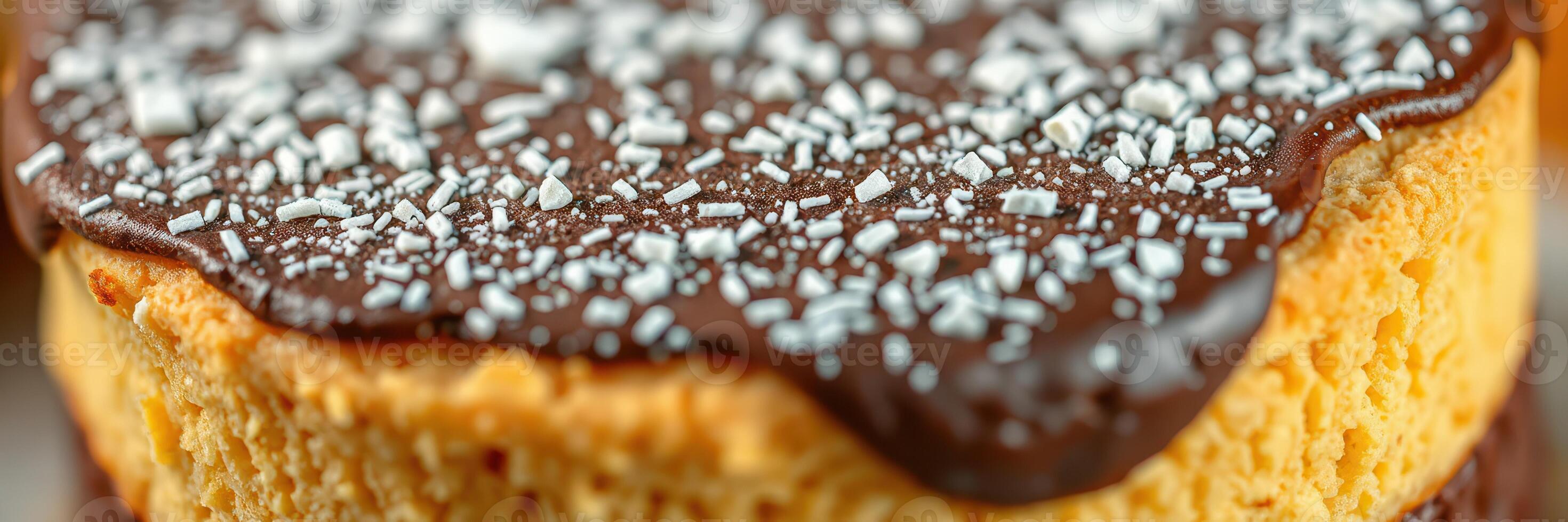 Delicious dessert featuring a chocolate topped cookie with sprinkles served on a wooden table photo