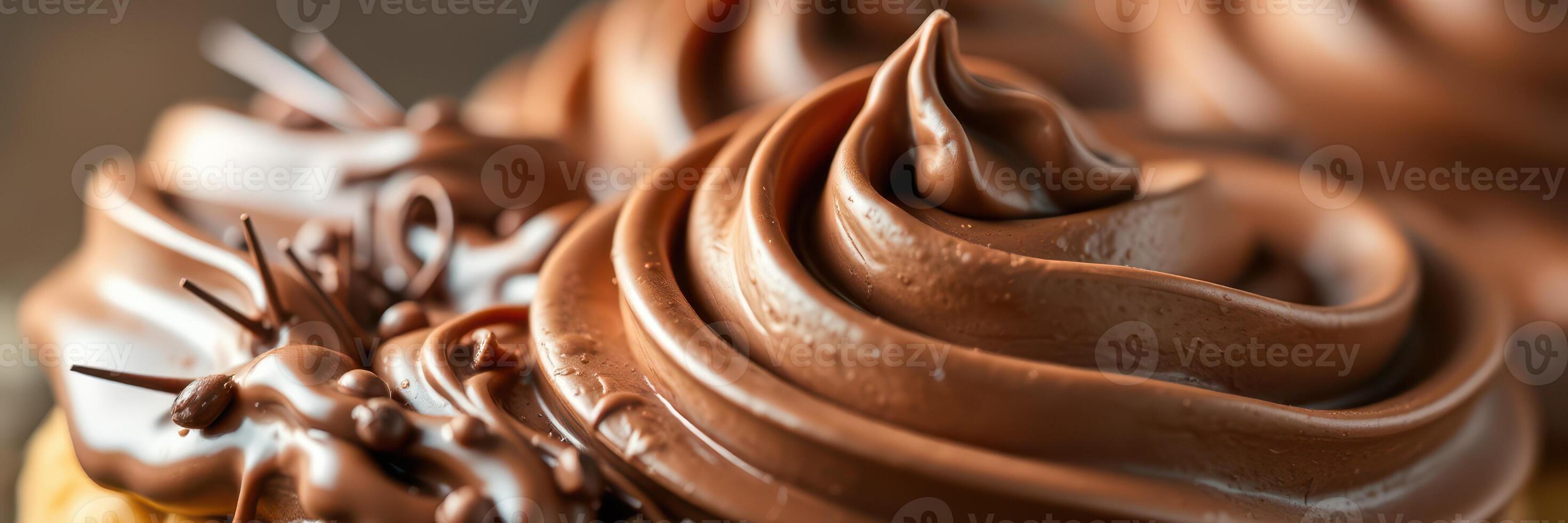 Rich chocolate frosting swirls adorn freshly baked cupcakes at a cozy bakery in the afternoon light photo