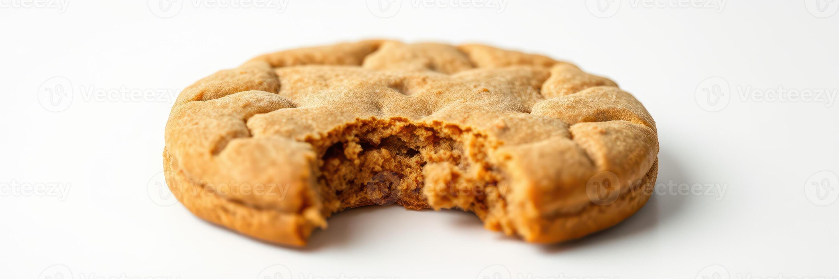 Delicious freshly baked cookie with a bite taken out displayed on a plain background photo