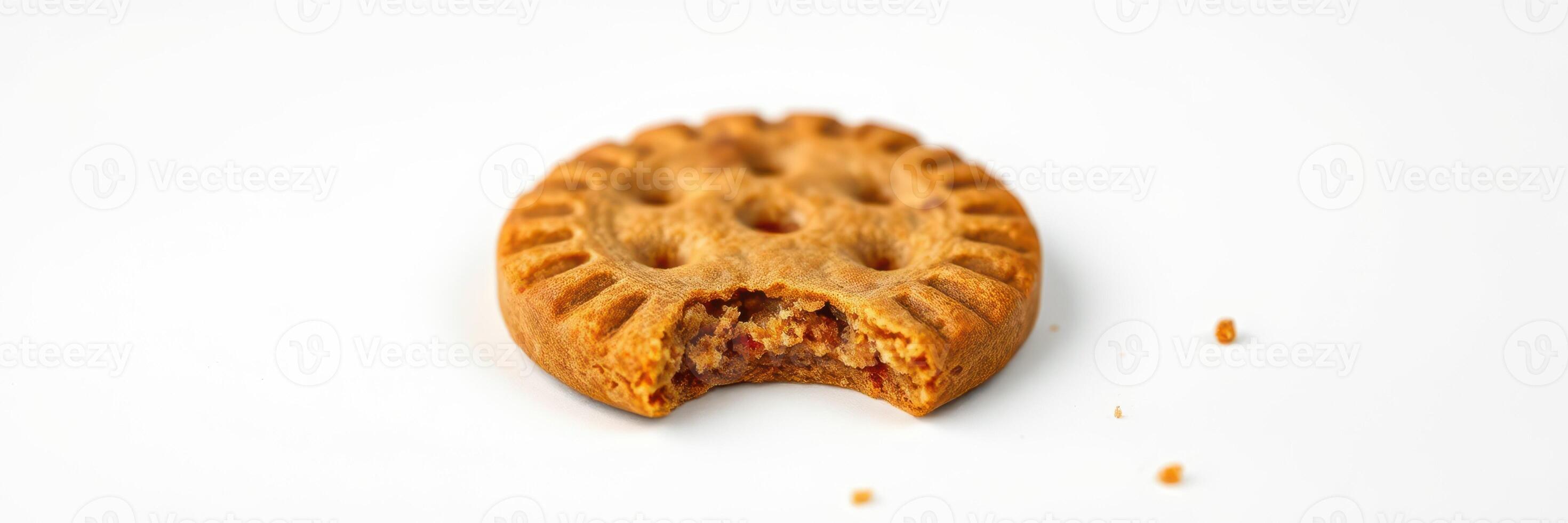 Delicious cookie with a bite taken out, showcasing its texture and shape on a plain background photo