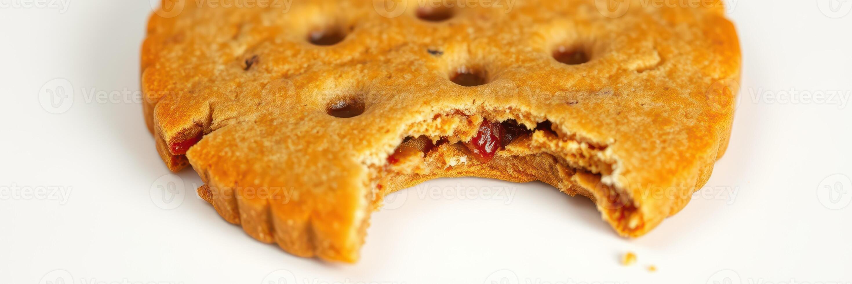 Delicious cookie with a bite taken out, displaying its filling and unique texture photo