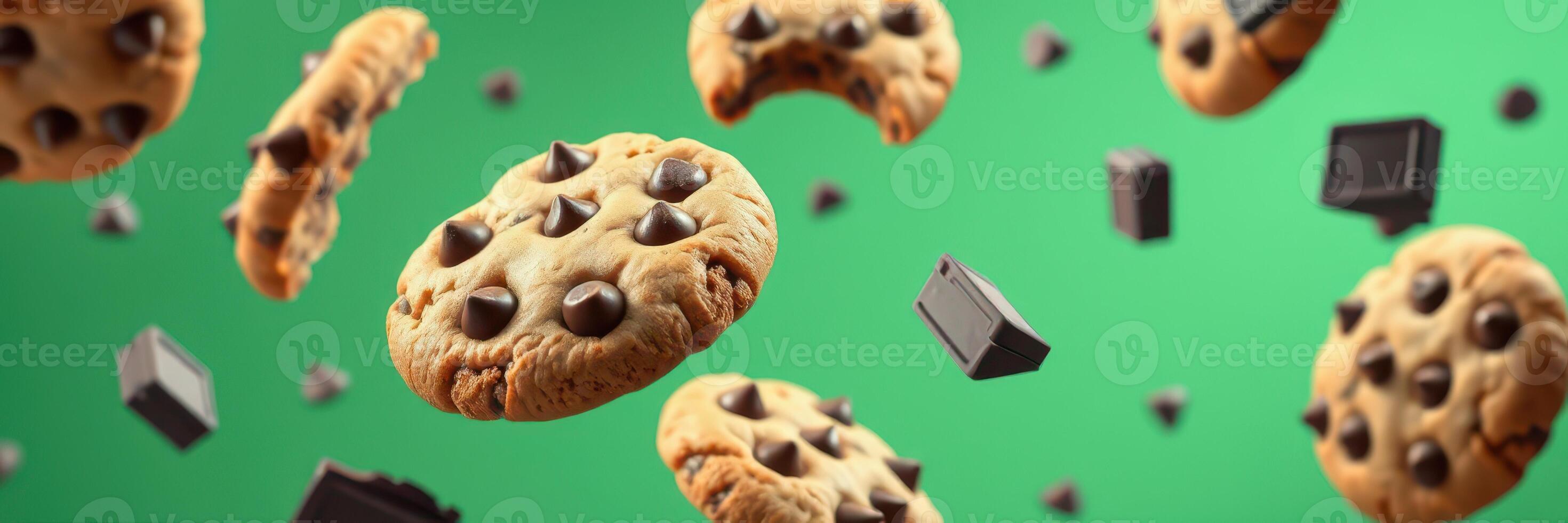 Floating chocolate chip cookies and chocolate pieces against a vibrant green background create a whimsical yet appetizing display photo