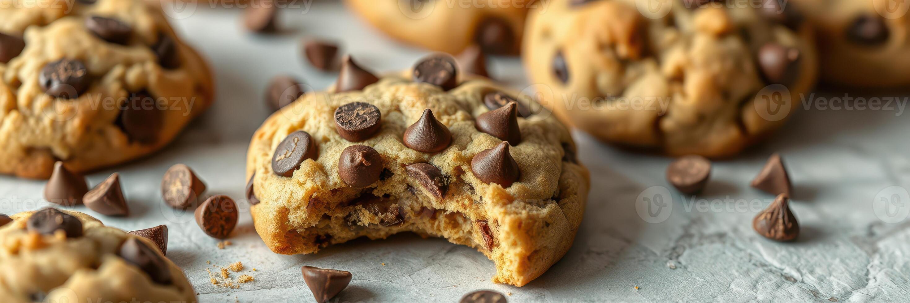 Freshly baked chocolate chip cookies with melted chocolate on a textured surface at home photo